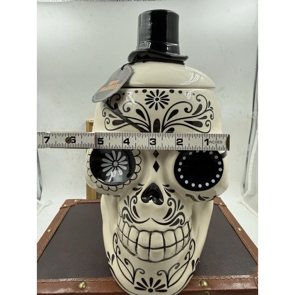 Halloween Sugar Skull with Top Hat, Tattoos, And Eye Patch  Ceramic Cookie Jar